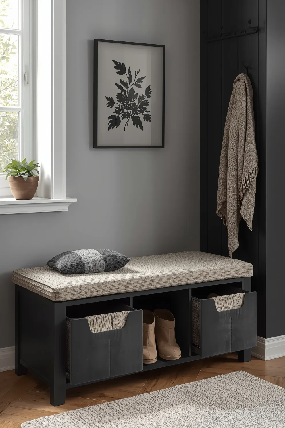 Banc d'entrée de couleur sombre avec assise beige, rangement pour chaussures et paniers en tissu, mur gris foncé, cadre noir et blanc.
