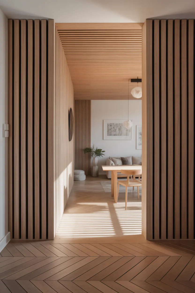 Couloir entrée habillage tasseaux bois verticaux, plafond bois, vue vers salon lumineux table bois.