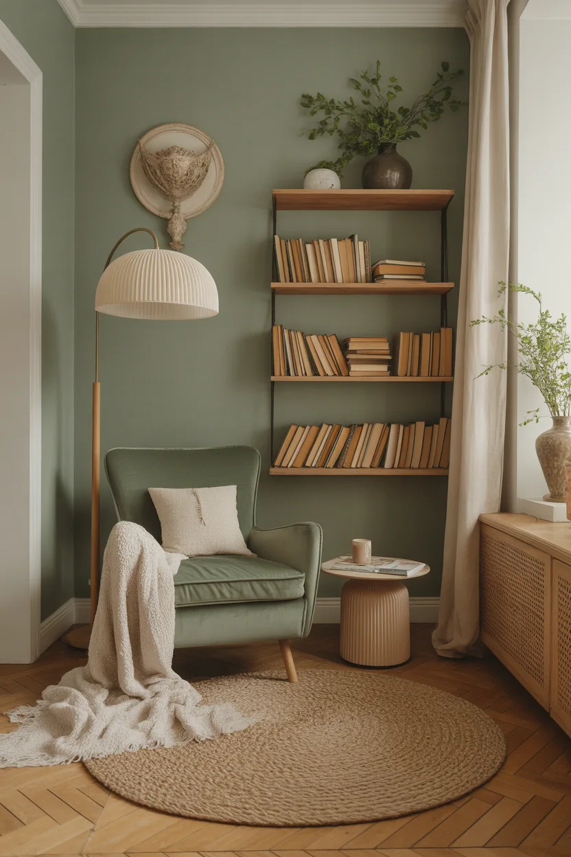 Coin lecture entrée mur vert sauge et fauteuil velours