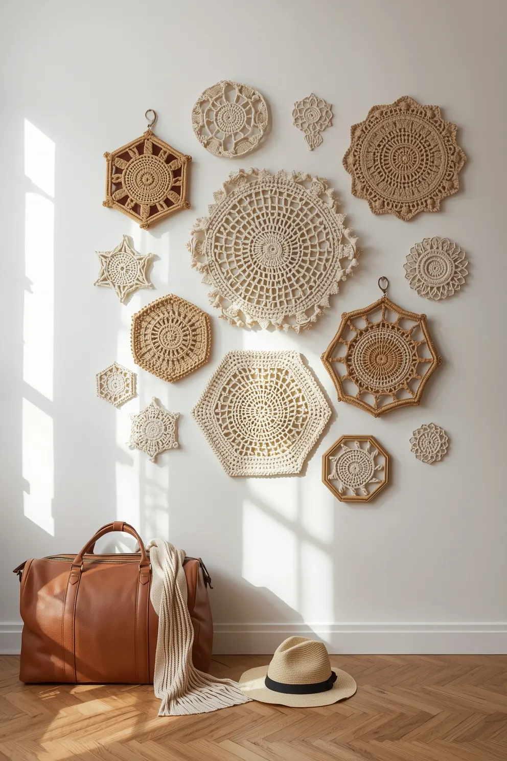 Collection napperons crochet beige mur, sac voyage cuir marron, chapeau paille, parquet chevron.