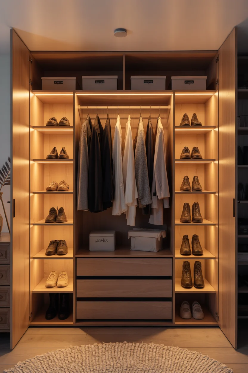 Dressing entrée bois avec éclairage LED intégré étagères