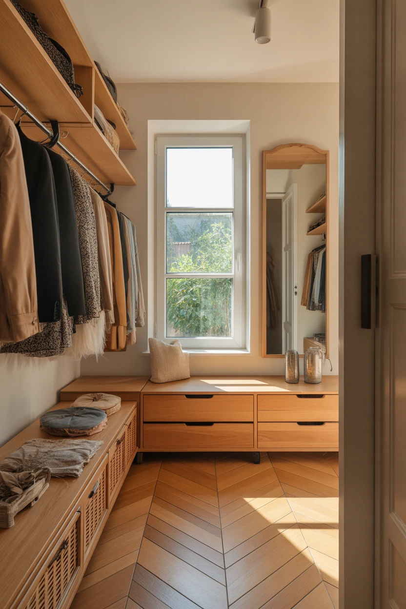 Dressing entrée maison lumineux sous fenêtre avec banc