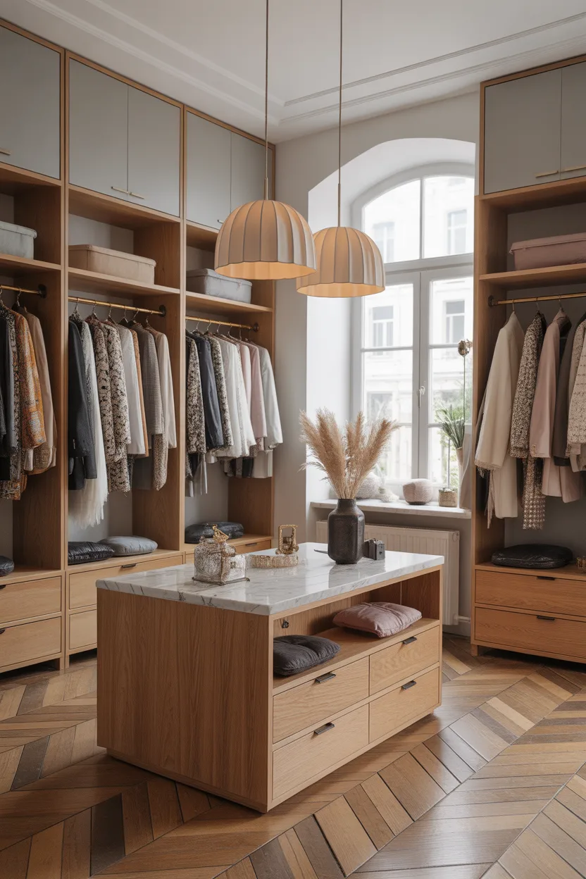 Grand dressing entrée maison luxe avec îlot central marbre et bois