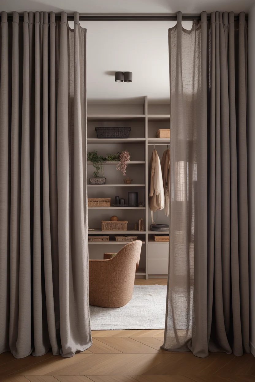 Séparation dressing entrée avec rideaux lin gris taupe