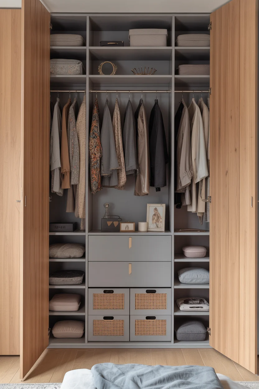 Intérieur armoire dressing bois organisée avec tiroirs cannage