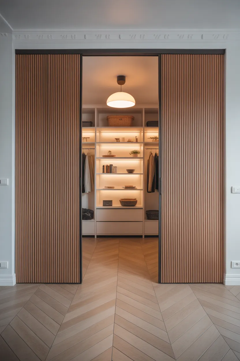 Dressing entrée maison caché derrière portes coulissantes en bois latté