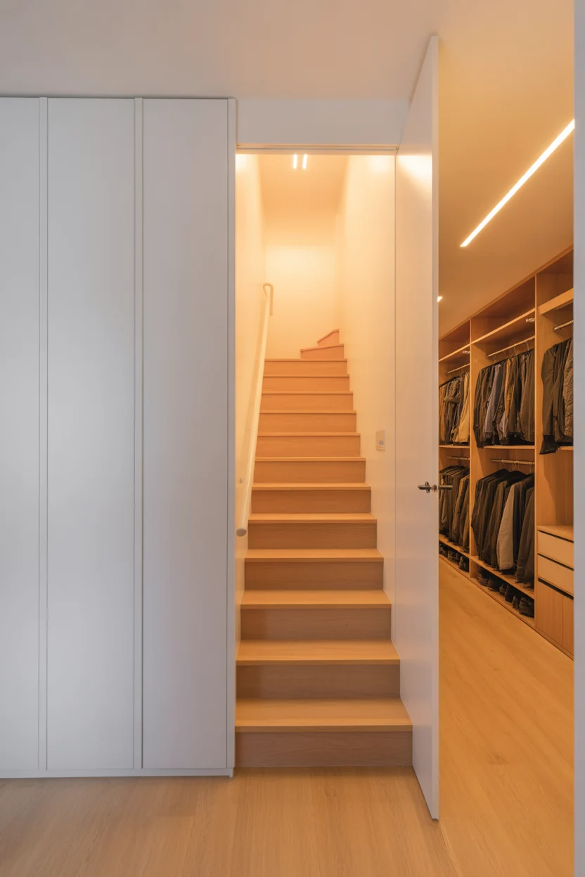 Dressing entrée maison couloir menant à l'escalier bois