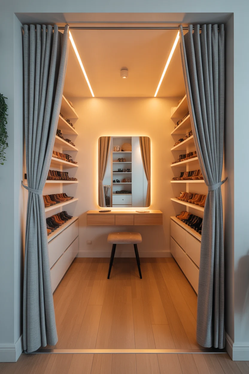 Dressing entrée maison walk-in avec rideaux gris et coiffeuse