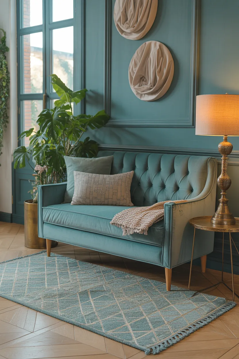 Banquette velours bleu canard, mur moulures vert foncé, lampe sur pied dorée, plante monstera.