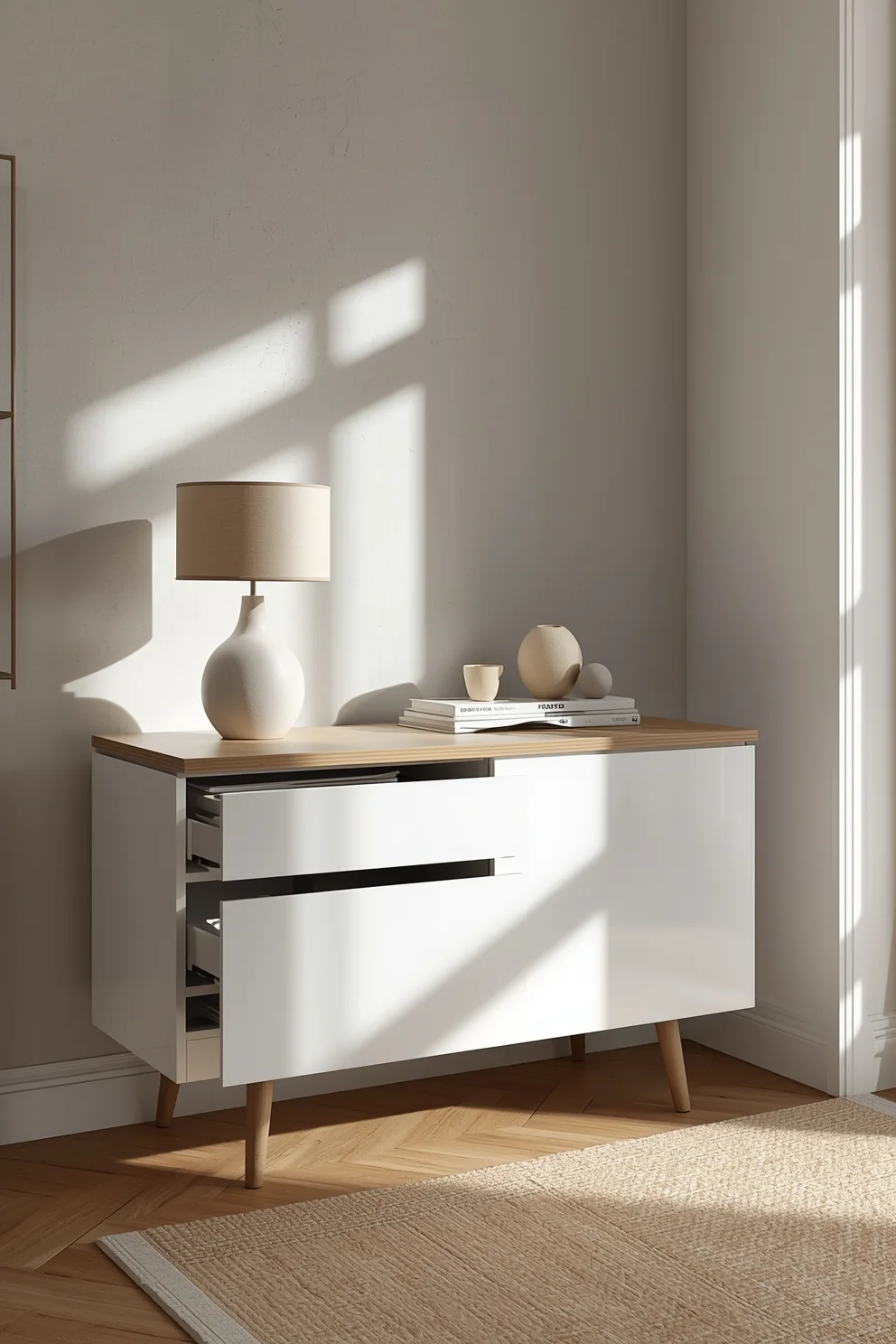 Console scandinave blanche plateau bois, tiroirs entrouverts, lampe pied céramique, jeu d'ombres mur.