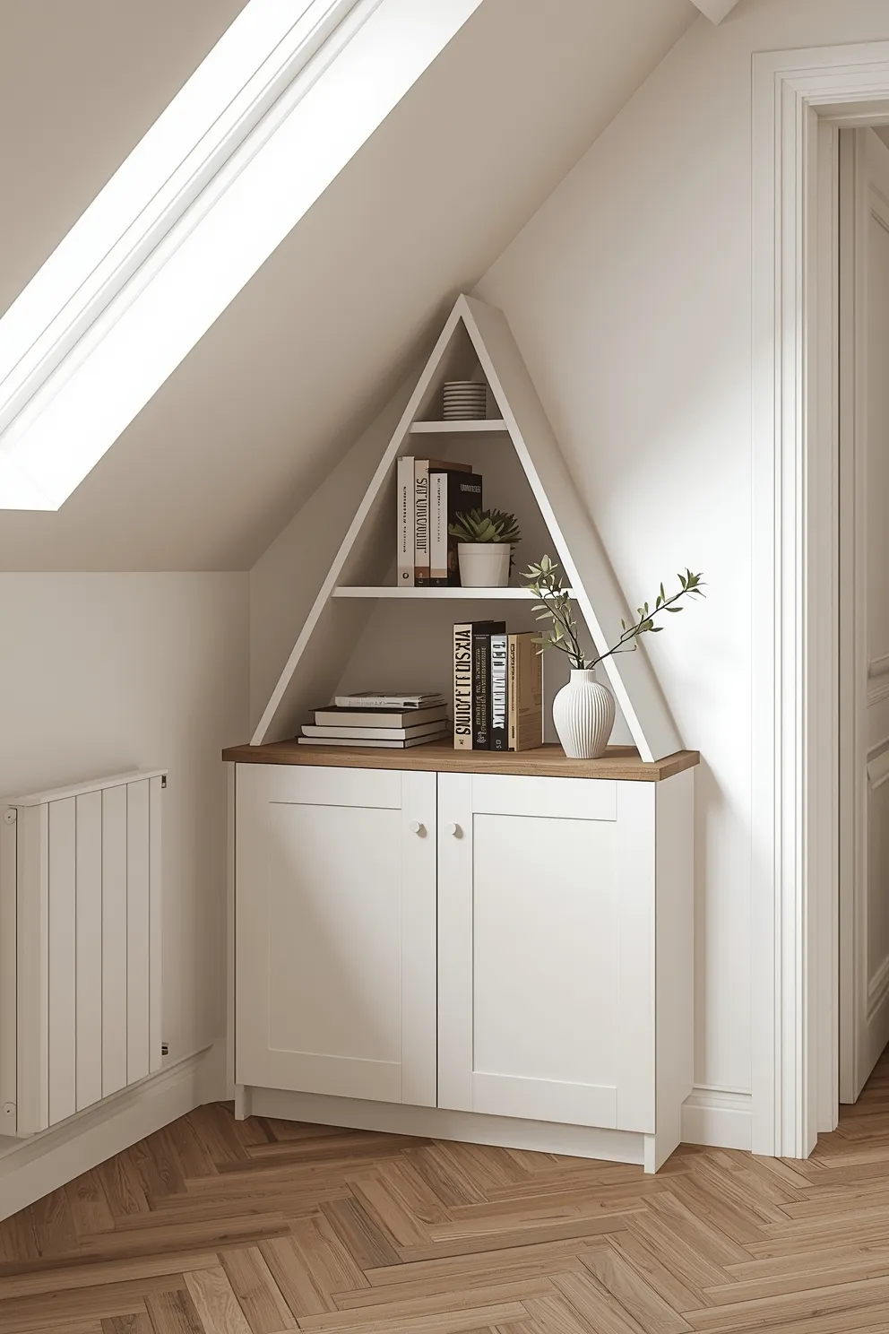 Meuble blanc sur mesure avec étagère triangulaire sous pente, livres, vase blanc, parquet bois.