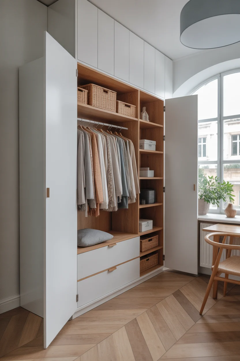 Placard sur mesure blanc toute hauteur avec intérieur bois