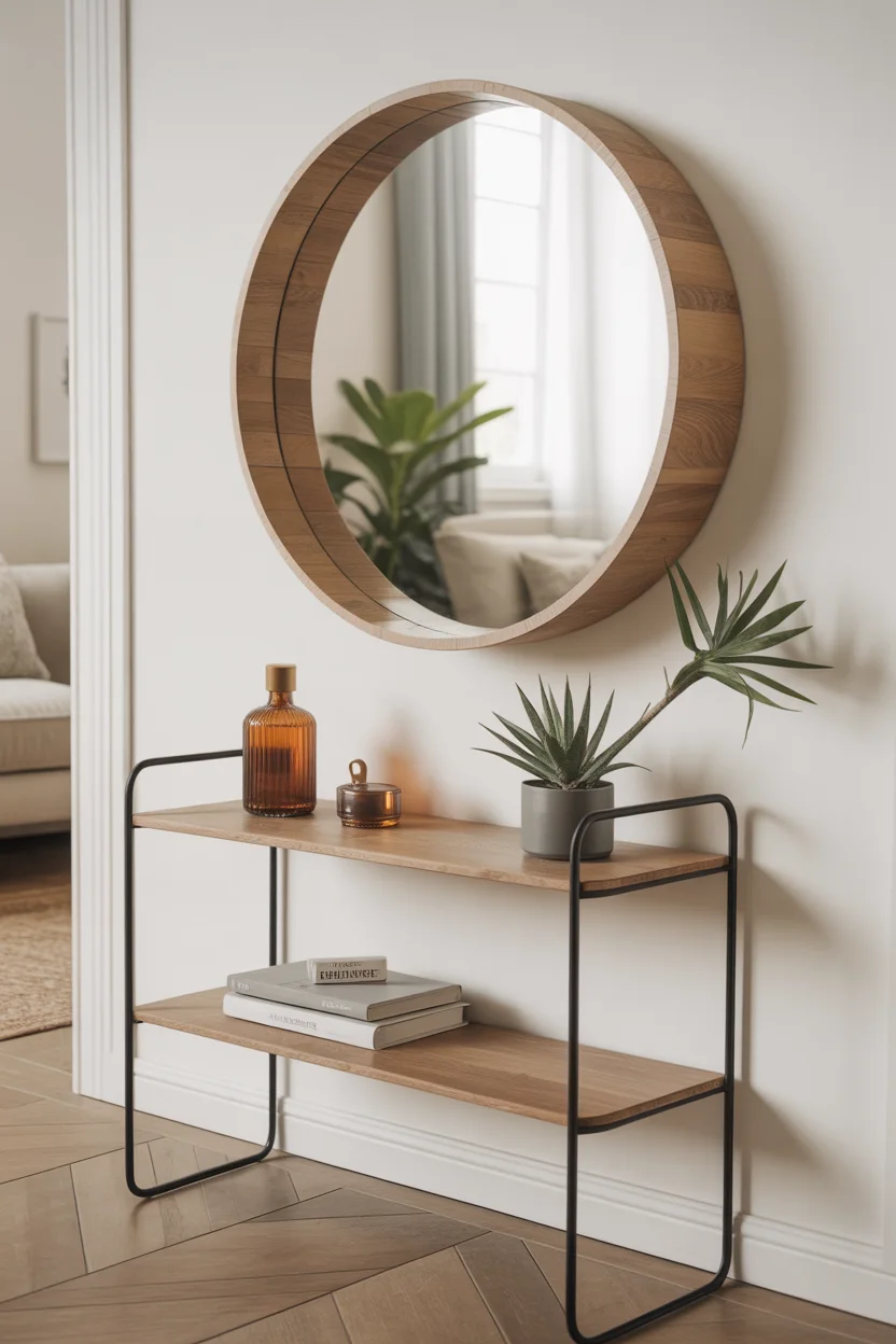 Grand miroir rond cadre bois large, petite console étagère métal noir et bois, flacon ambré.
