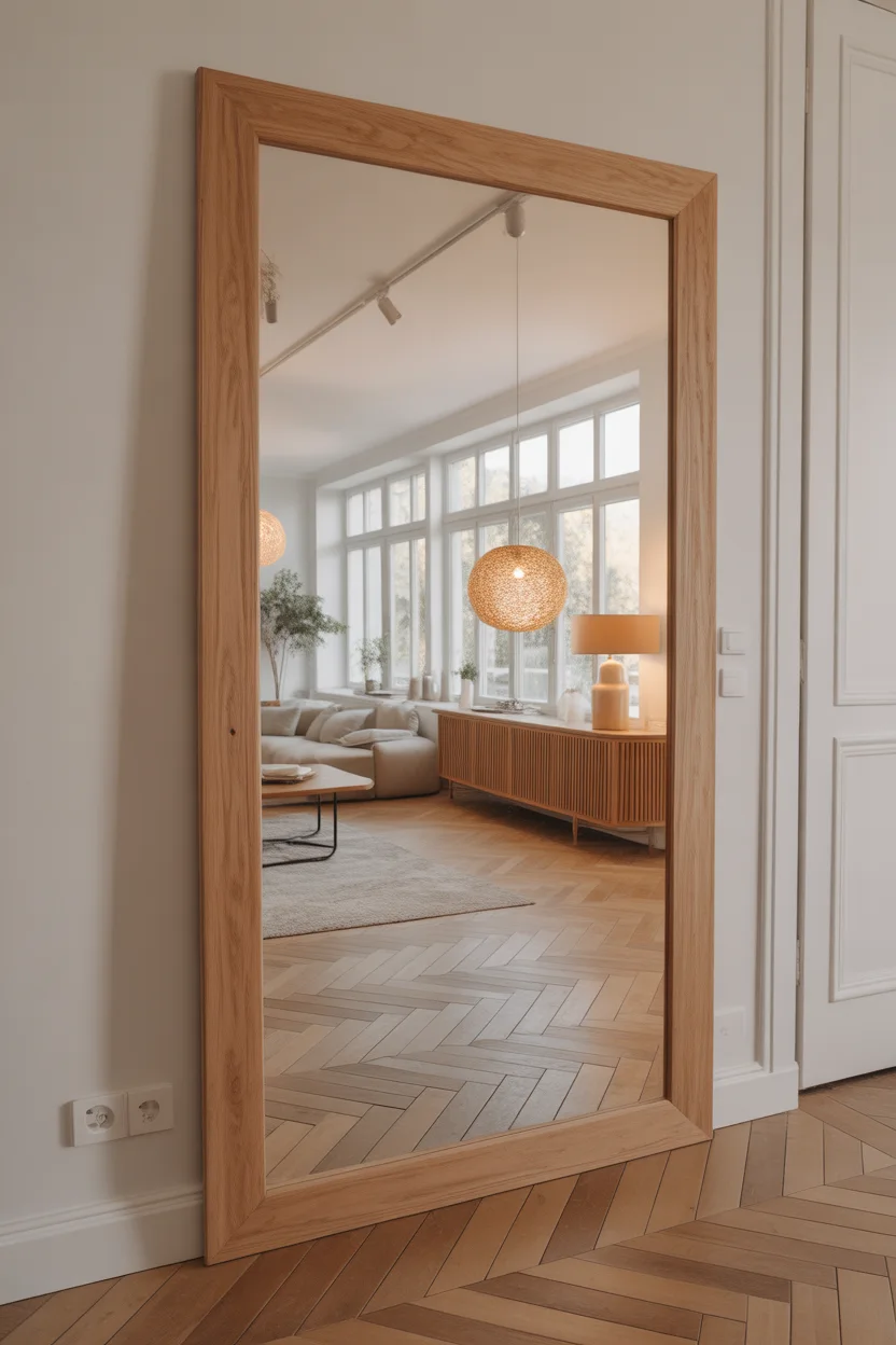 Grand miroir rectangulaire cadre bois posé au sol entrée