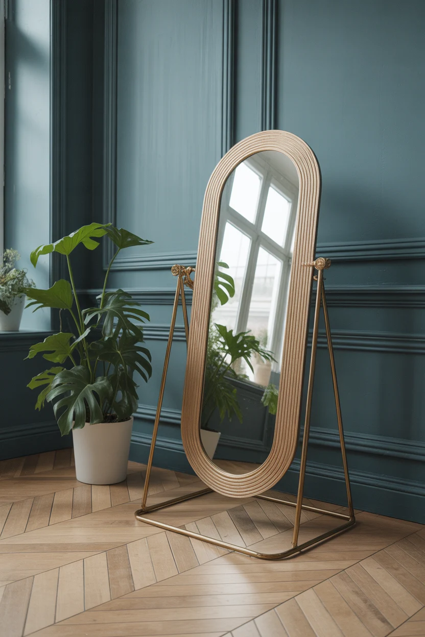 Miroir psyché ovale cadre doré texturé, grande plante monstera, parquet point de hongrie, mur bleu.