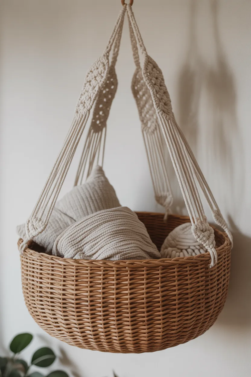 Panier rond osier suspendu cordes macramé, contient coussins beiges, plante verte en bas à gauche.