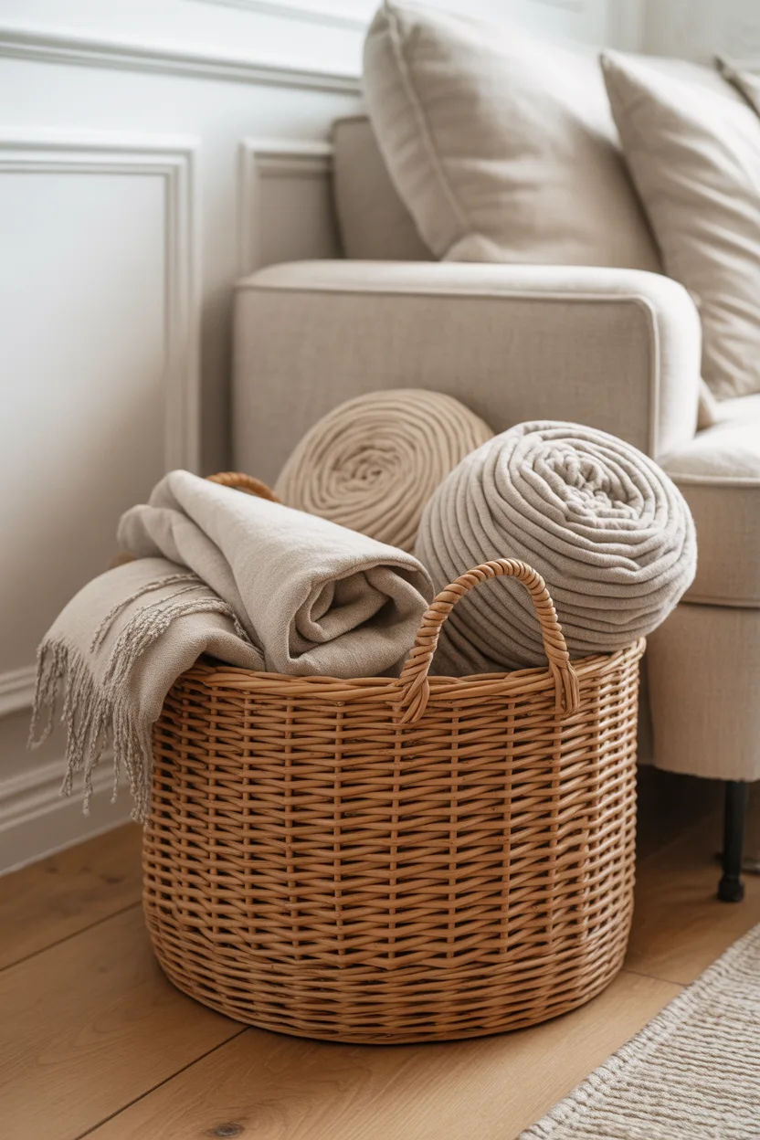 Inspiration entree maison rangement panier osier plaids