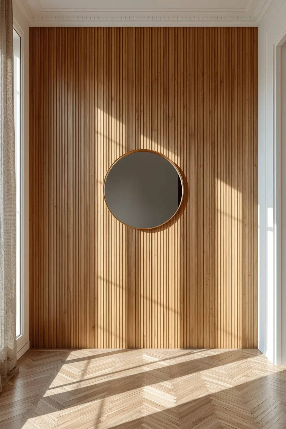 Mur d'accent en lattes de bois clair verticales avec un miroir rond, lumière du soleil créant des lignes et ombres sur le parquet en chevron.