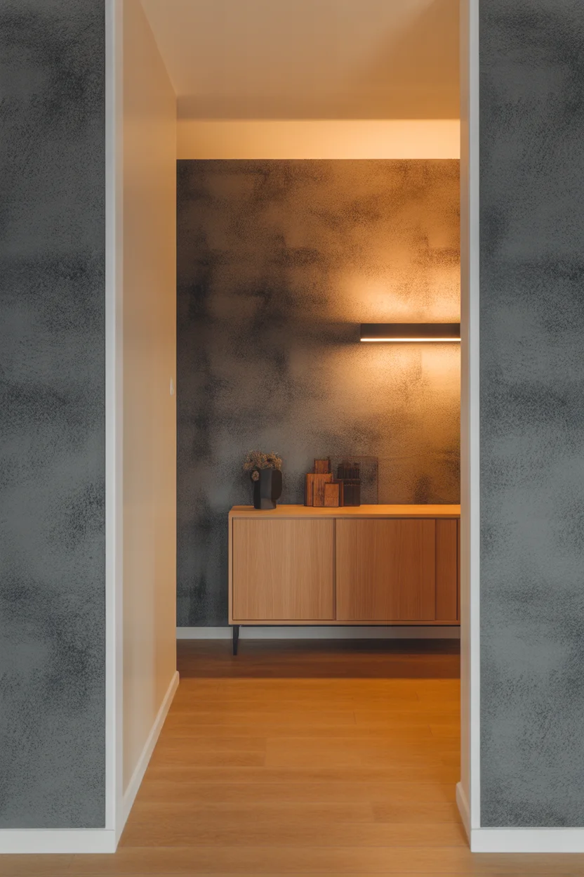 Mur effet béton ciré sombre, console bois clair minimaliste, applique murale lumière chaude.