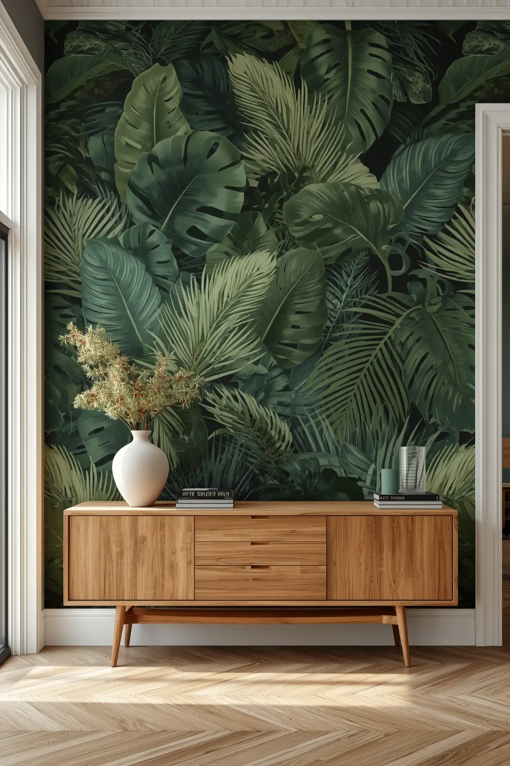 Papier peint panoramique feuilles tropicales vertes, buffet bas bois style scandinave, vase blanc.