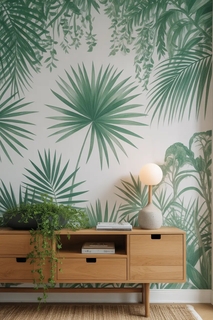 Papier peint panoramique feuilles tropicales vertes entrée maison