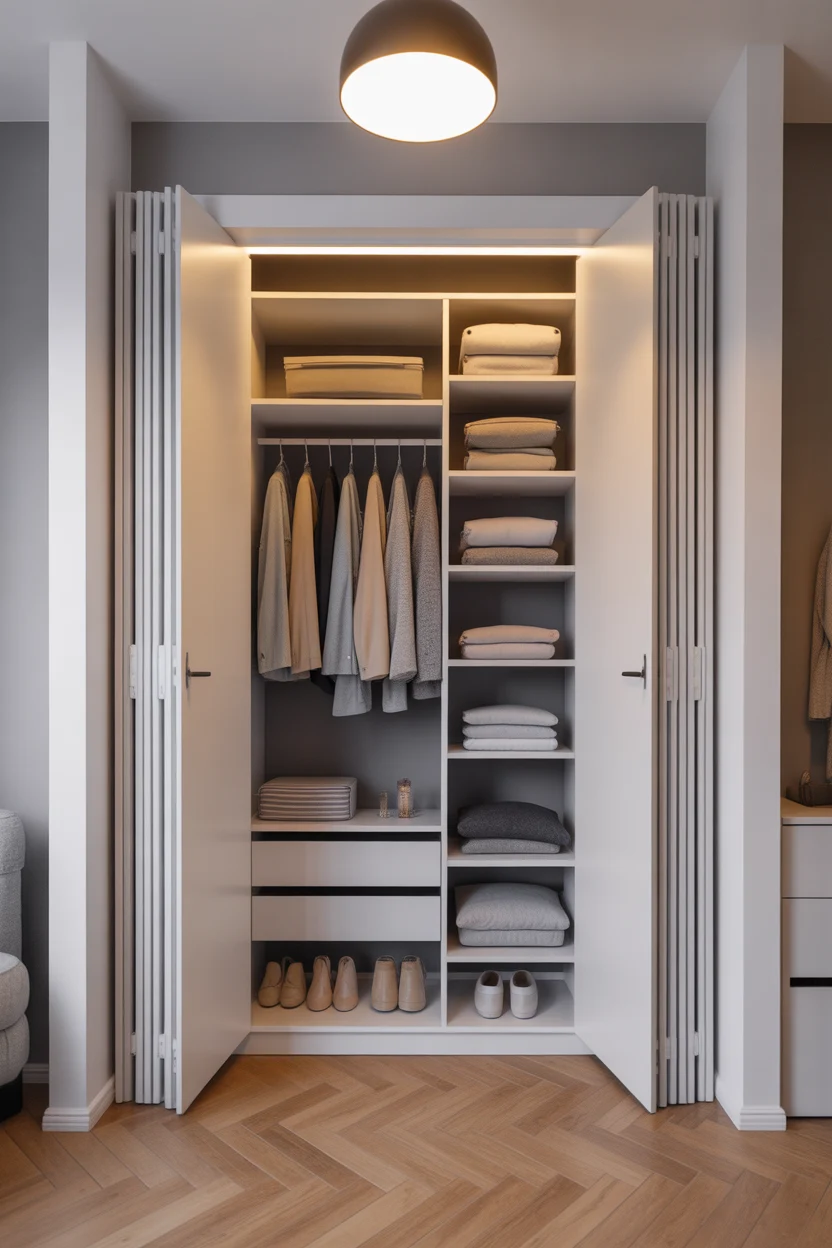 Placard dressing entrée compact blanc avec portes pliantes