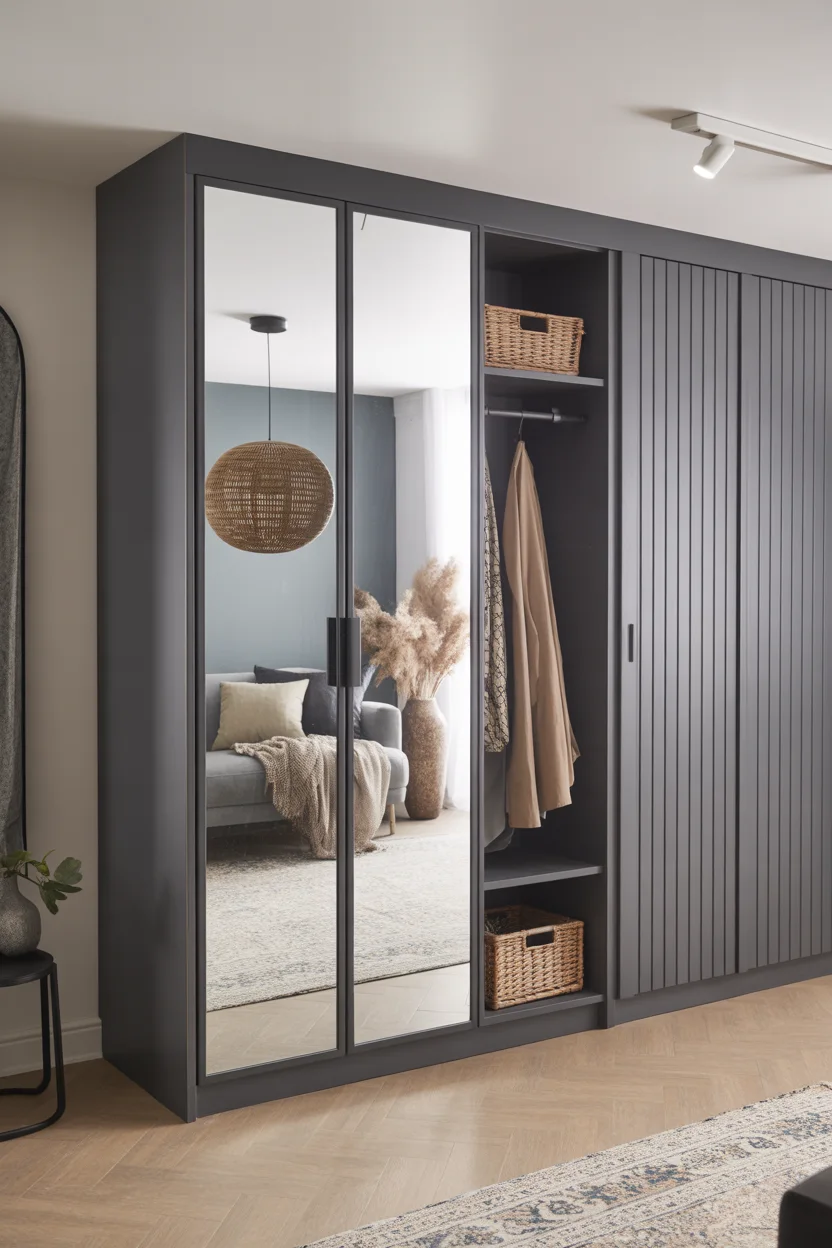 Armoire dressing entrée gris anthracite avec portes miroir