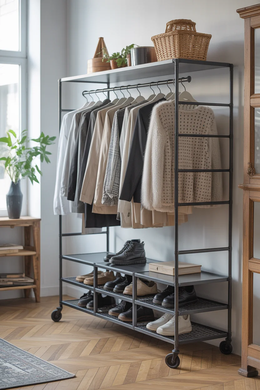 Portant vêtements mobile sur roulettes style industriel métal