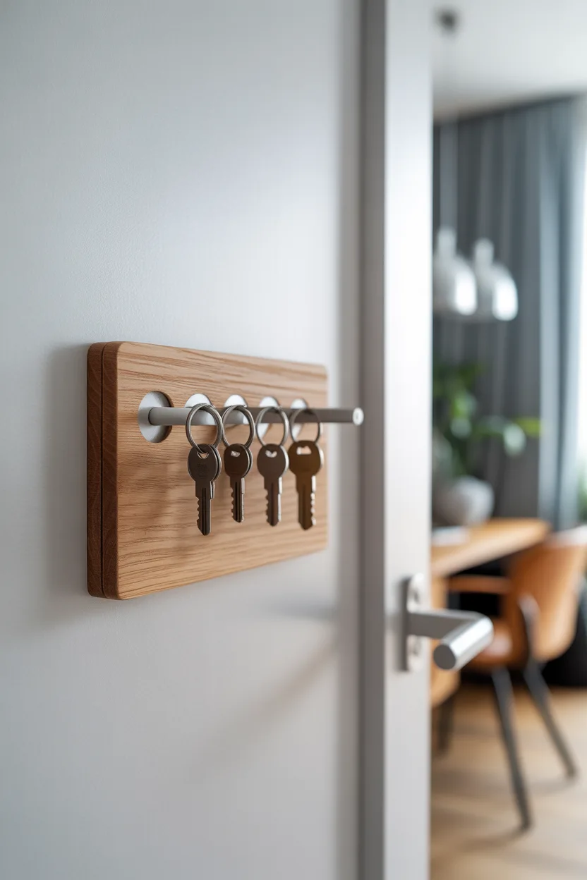 Porte-clés mural en bois chêne fixé sur mur blanc, quatre trousseaux suspendus, fond flou.