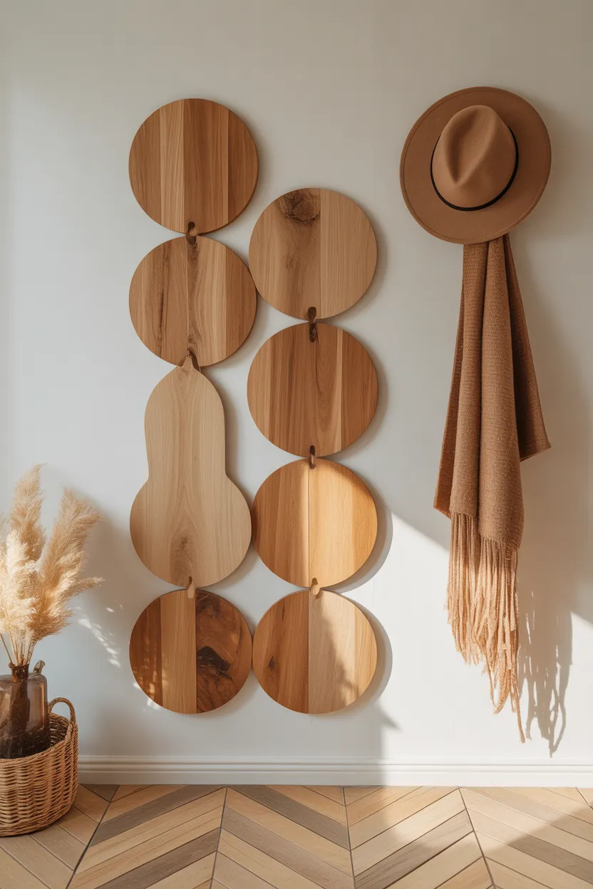 Collection de patères rondes en bois clair de différentes tailles sur un mur blanc, chapeau camel et écharpe en laine suspendus.
