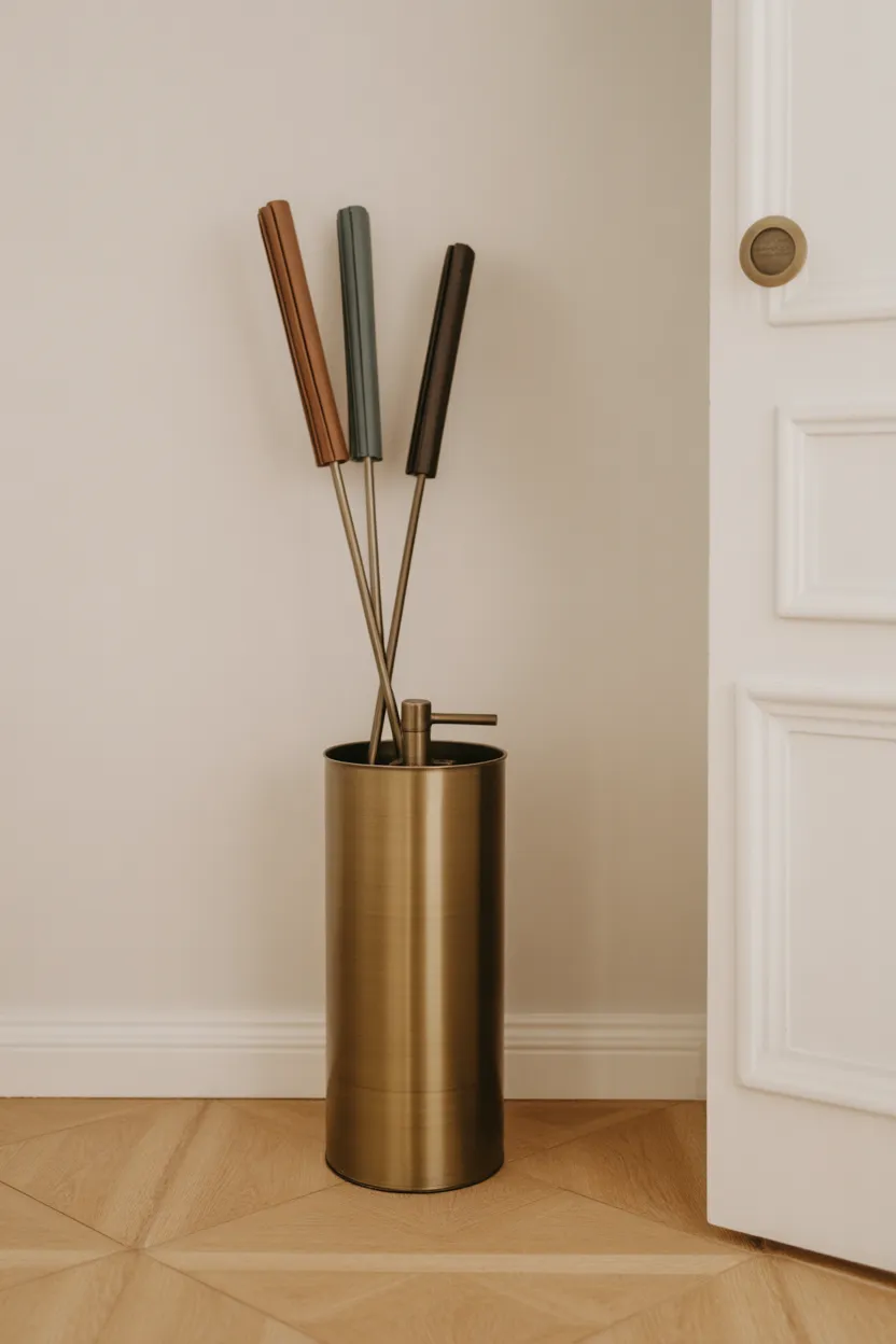 Porte-parapluies design en laiton doré posé au sol