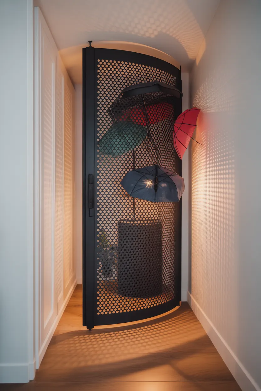 Panneau écran métal noir perforé, parapluies suspendus colorés, jeux d'ombres et lumière.