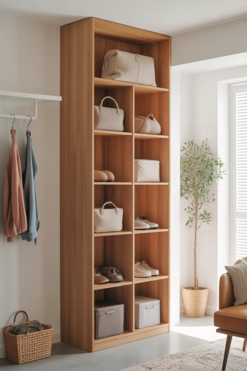 Colonne de rangement hauteur plafond en bois pour sacs