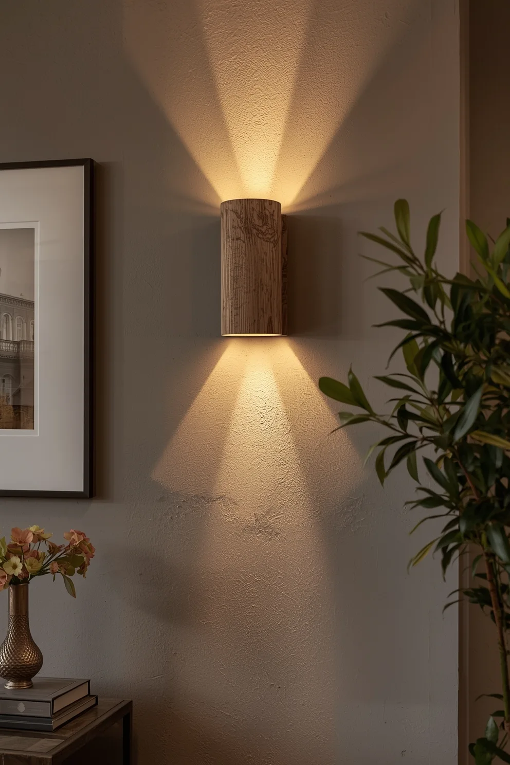 Applique murale cylindrique en bois rustique diffusant une lumière chaude en cônes sur un mur gris, avec une plante verte en premier plan.