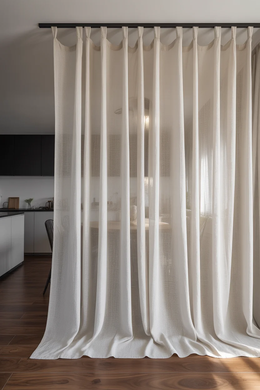 Rideau lin blanc séparation pièce, tringle plafond noire, vue transparence cuisine moderne.