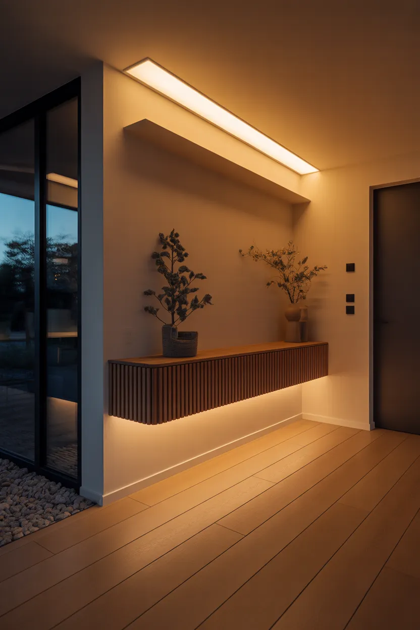 Console suspendue bois lattes éclairage LED dessous, plafond lumineux, ambiance nuit moderne.