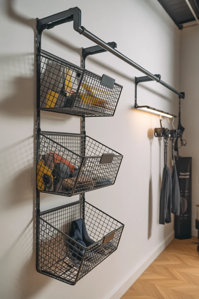 Système rangement mural rails métal noir, paniers grillagés superposés, accessoires suspendus.