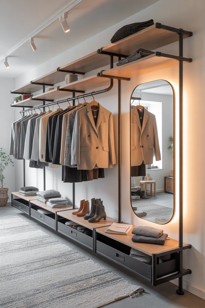 Dressing entrée maison ouvert style industriel avec tuyaux noirs et miroir rétro-éclairé