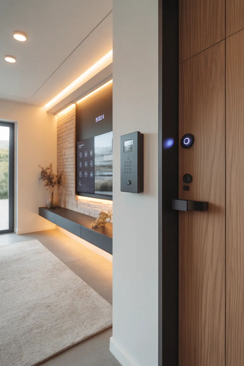 Entrée maison connectée avec serrure intelligente et écran contrôle