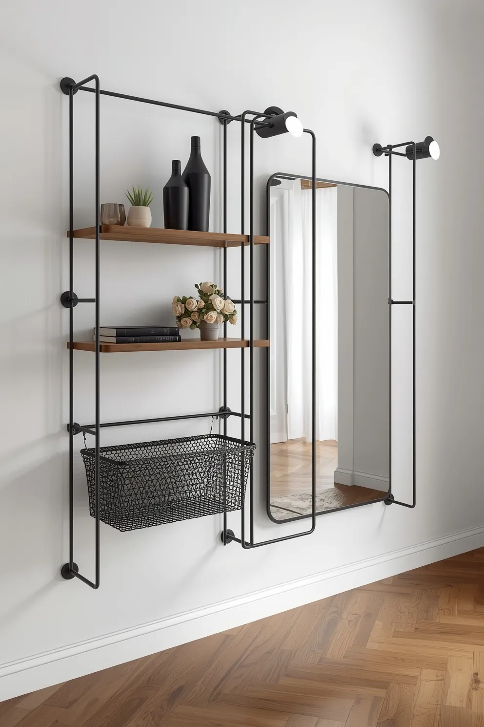 Structure vestiaire métal noir tubes, miroir rectangulaire intégré, étagères bois, panier grillagé.