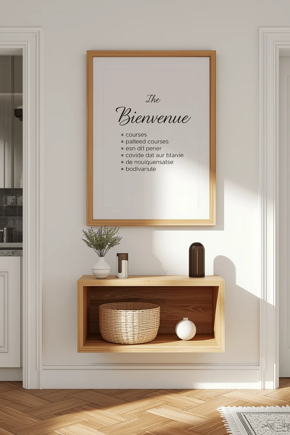 Affiche encadrée texte Bienvenue, étagère murale cube bois suspendue, panier rond, vase design.