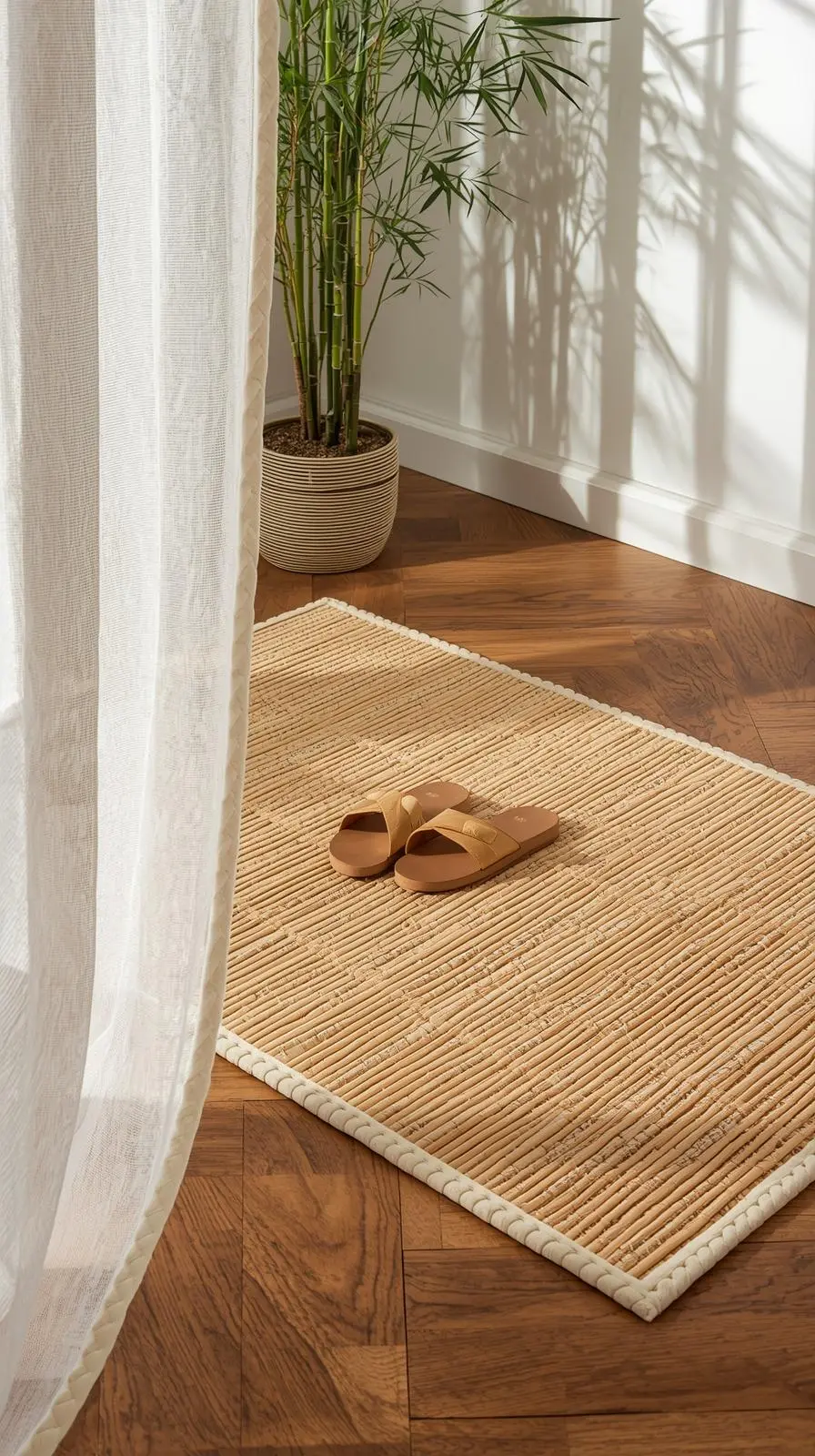 Tapis en lattes de bambou naturelles, créant une ambiance zen et sereine.