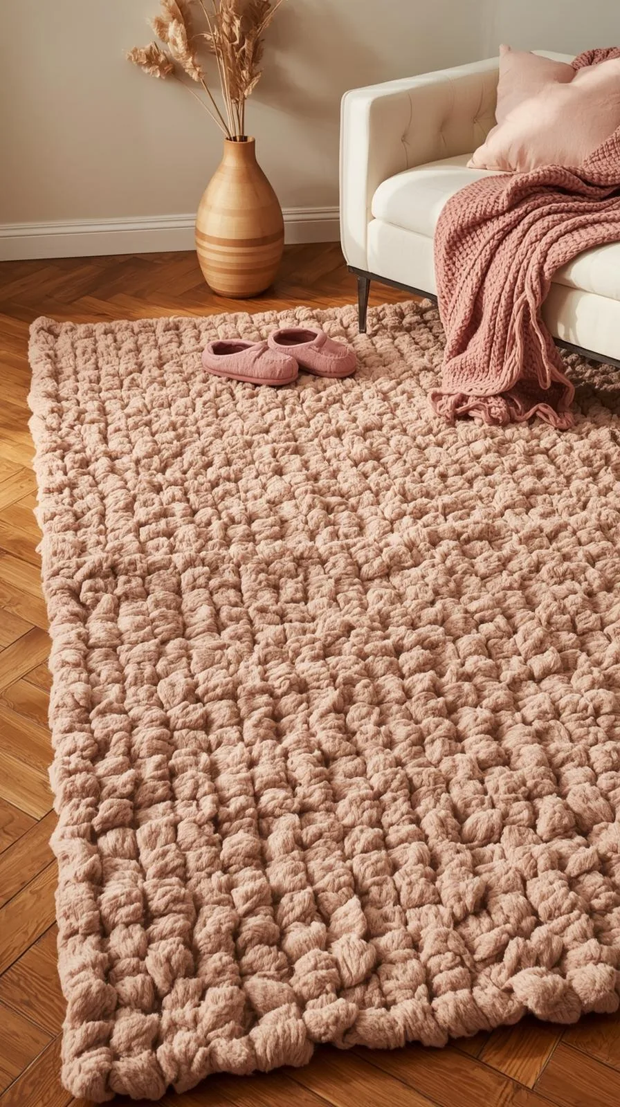 Tapis rectangulaire en laine bouclette très épaisse, couleur beige rosé, ambiance cocooning.