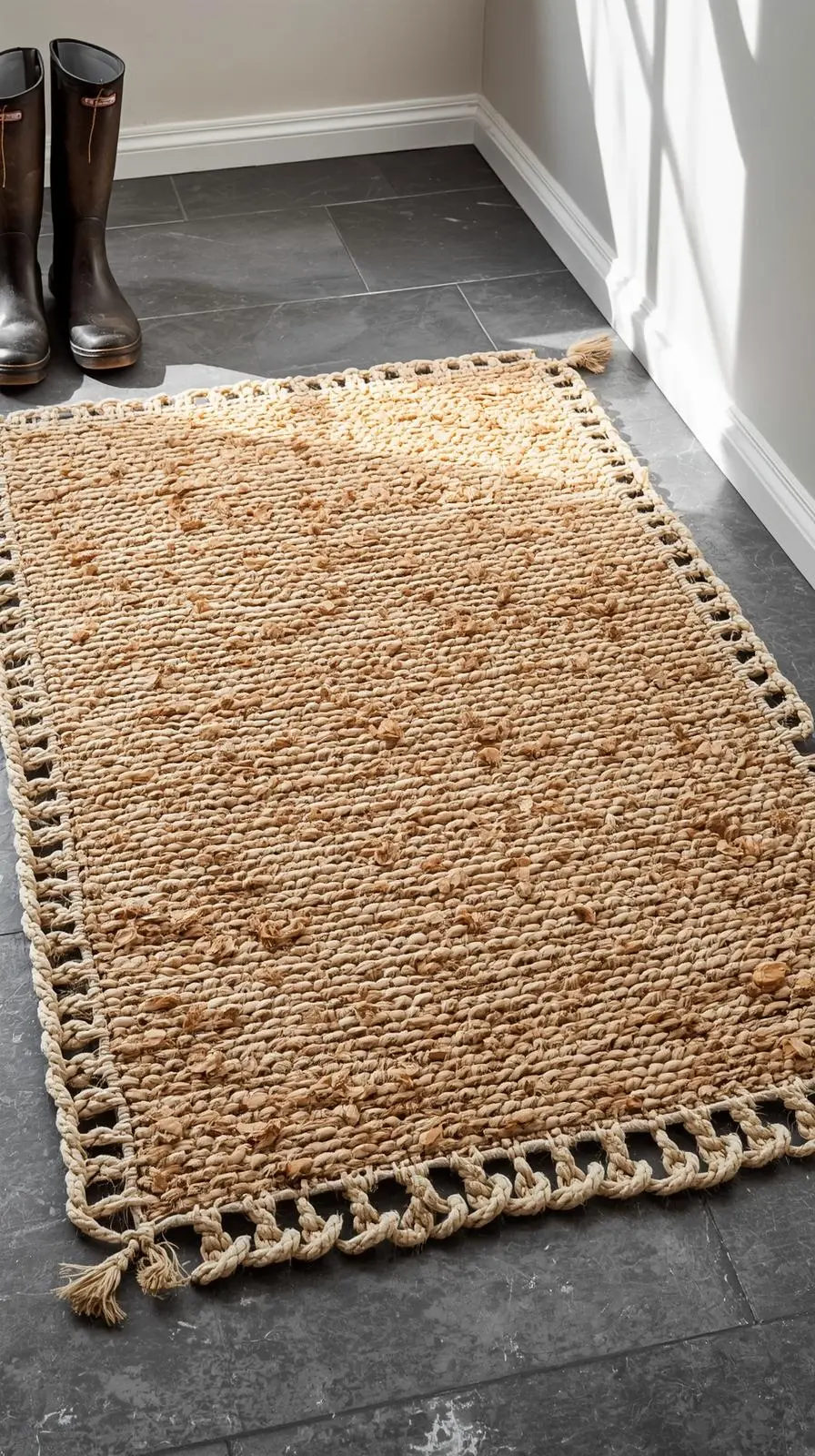 Tapis entree maison rectangulaire en fibre de coco tressée, rugueux et durable, sur un sol sombre, avec des bottes de pluie.