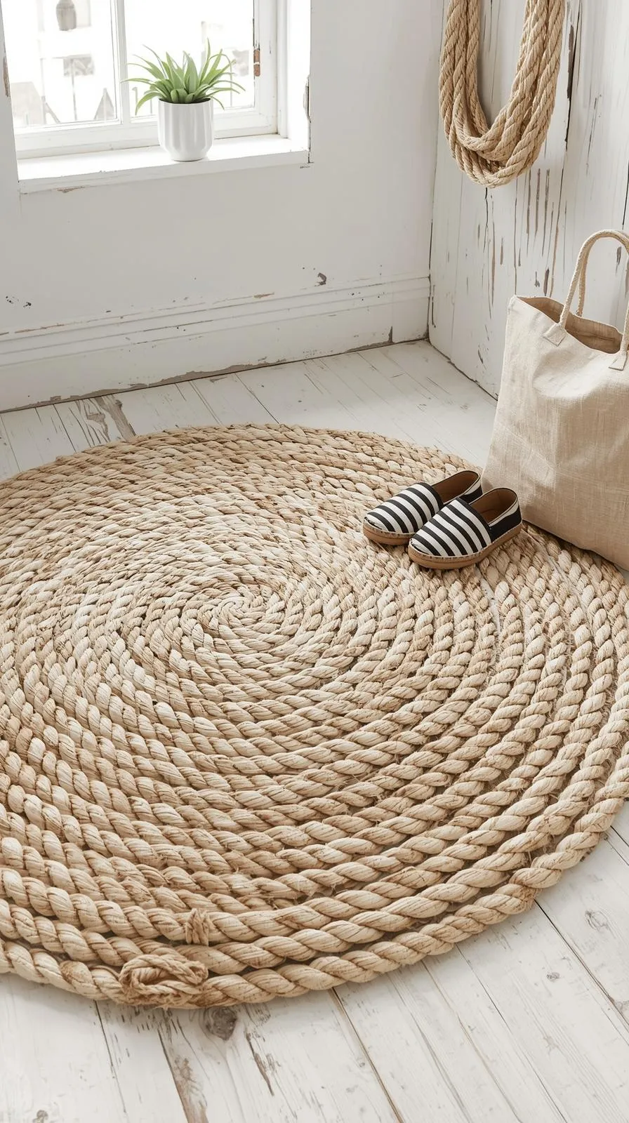 Tapis rond en corde de jute épaisse, style marin, avec accessoires thématiques.