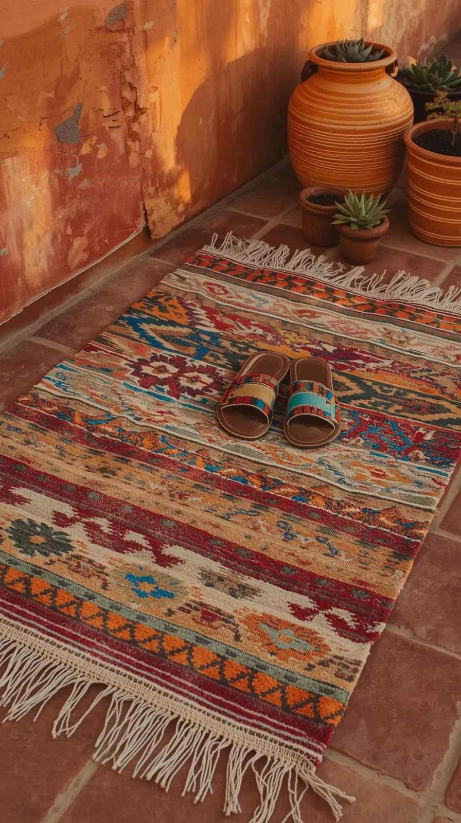 Tapis ethnique coloré à motifs tribaux vifs (rouge, jaune, bleu), sur un carrelage terre cuite.