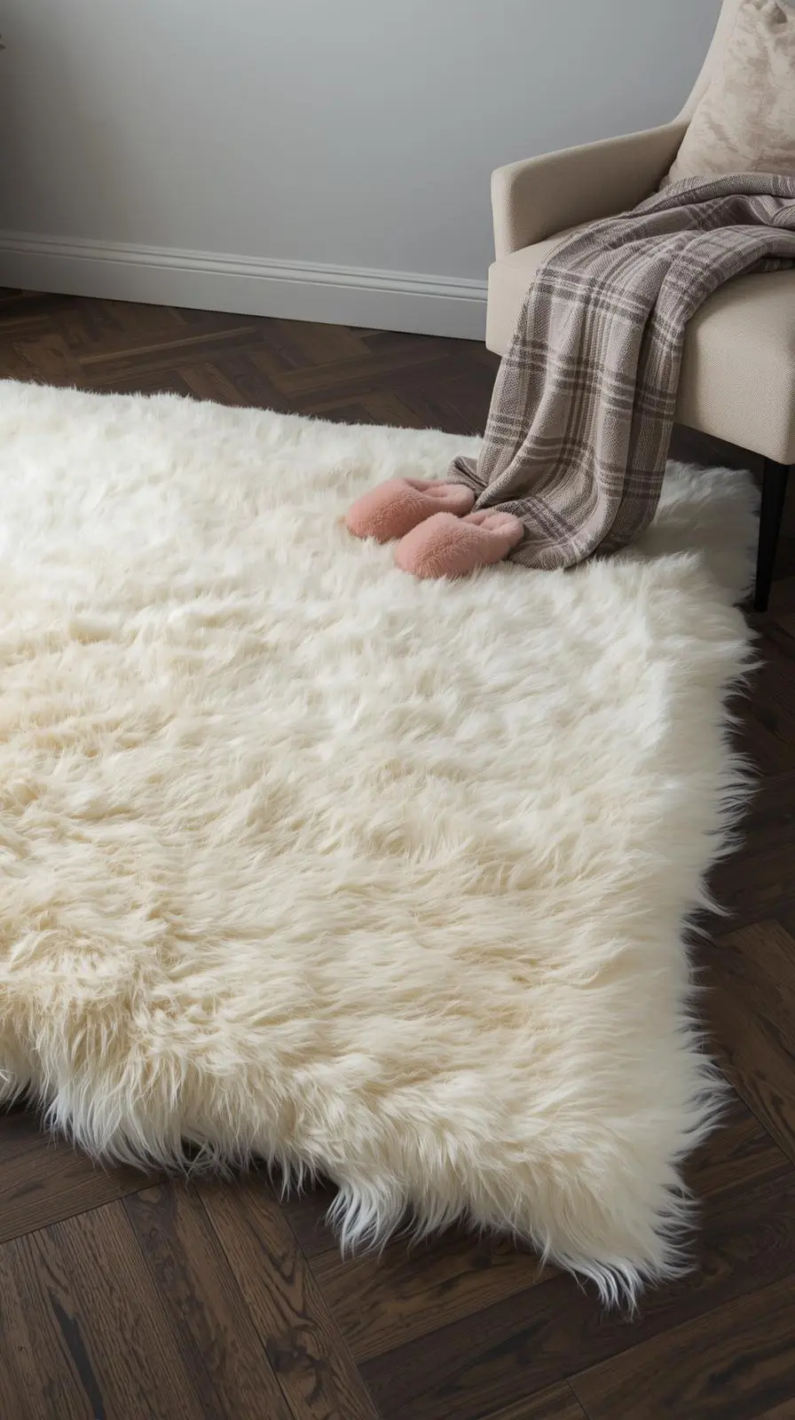 Grand tapis en fausse fourrure blanche à longs poils, créant un effet luxe et douceur.