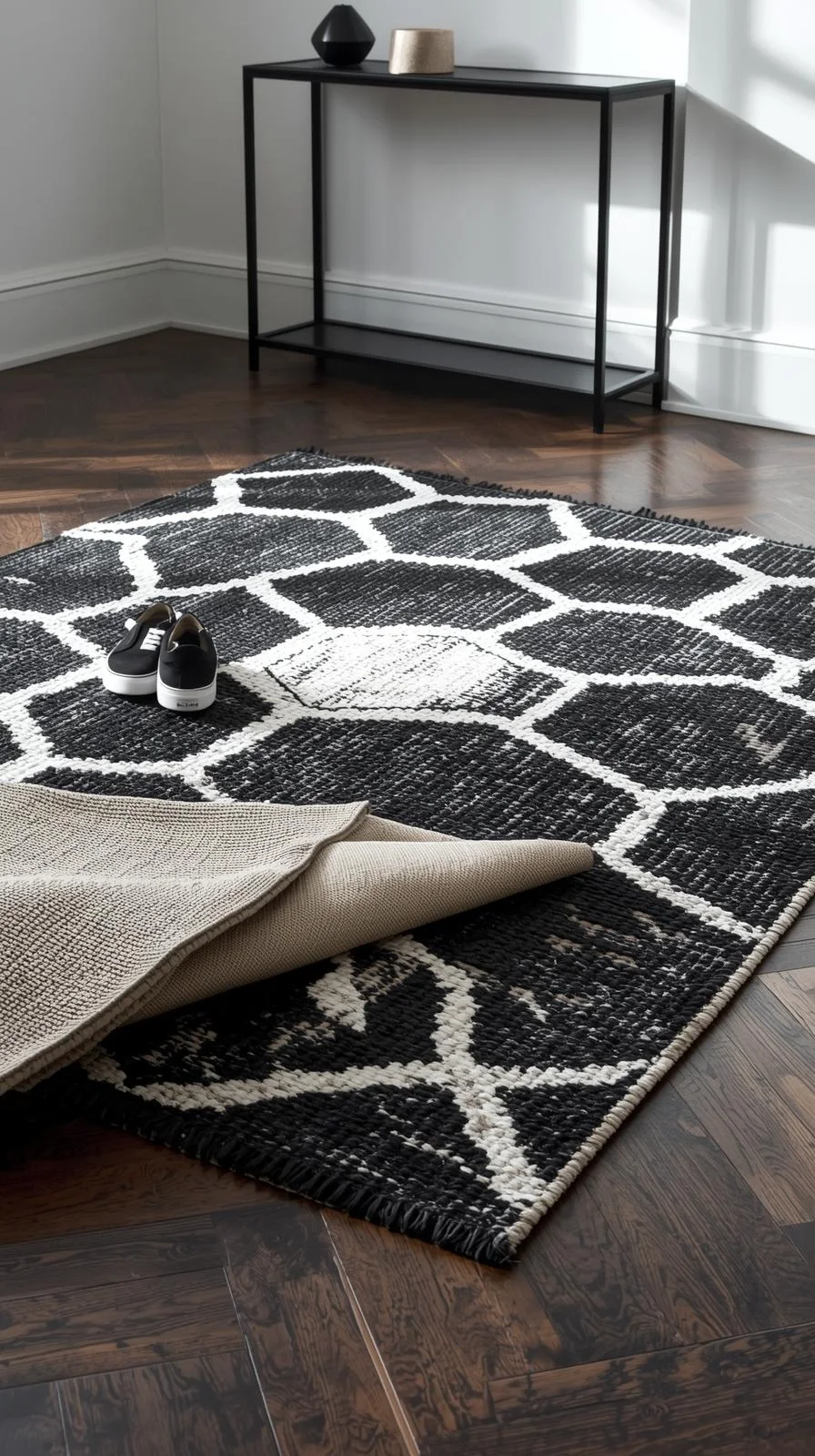 Tapis entree maison graphique noir et blanc à motifs géométriques audacieux, coin soulevé montrant l'envers, sur un parquet foncé.