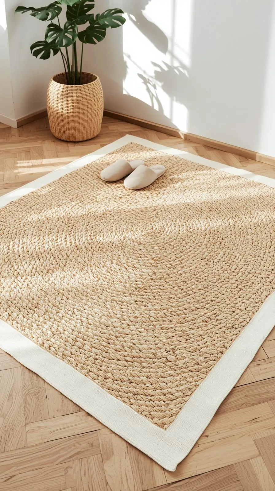 Tapis entree maison carré en Jonc de Mer tressé de couleur naturelle, avec bordure blanche en coton, style scandinave épuré.