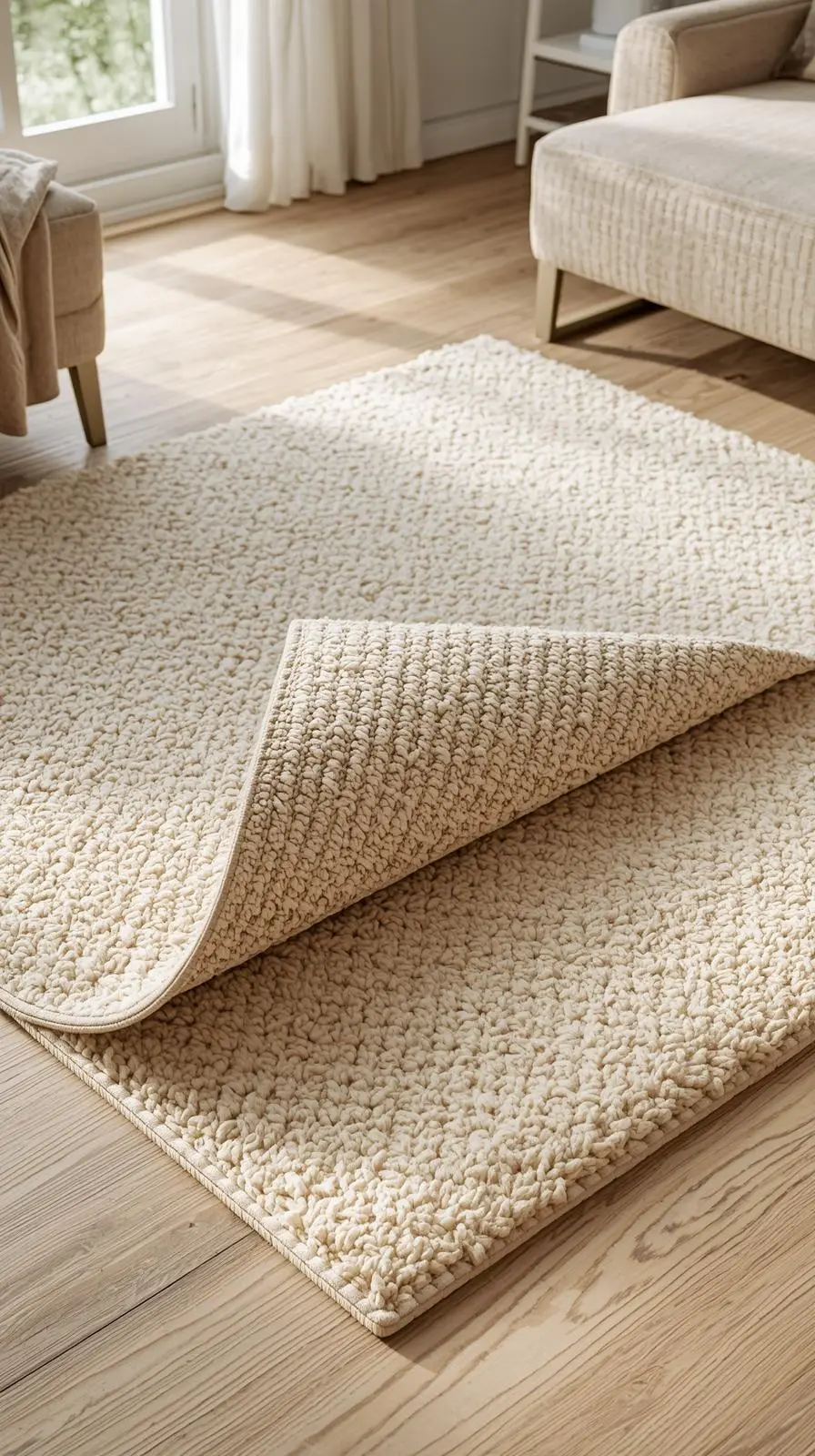 Tapis à texture bouclée épaisse, coin soulevé montrant l'envers, symbolisant la face multi-saisons.